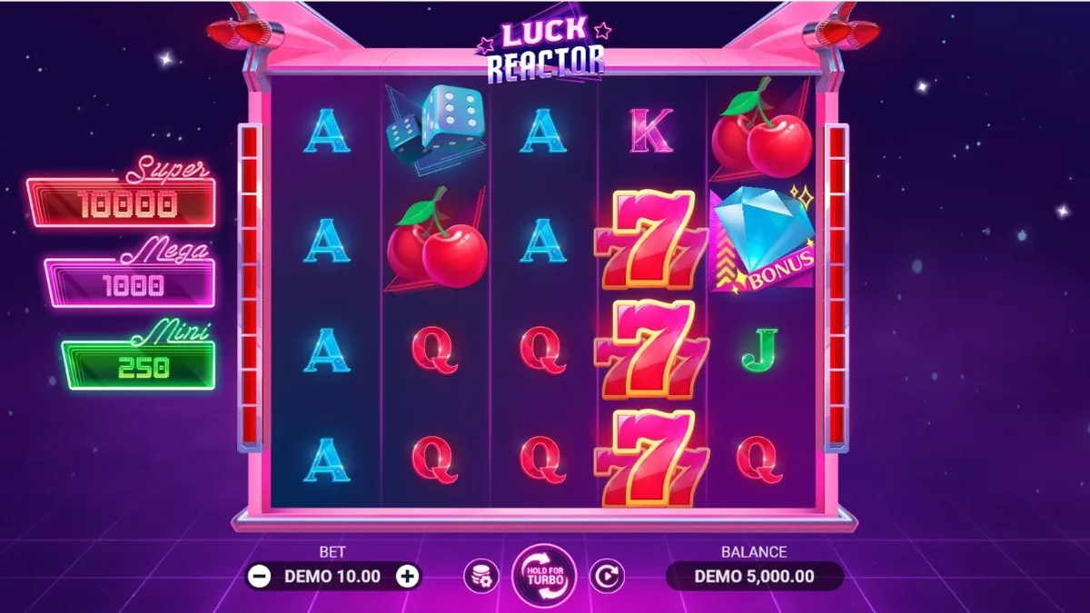 Tampilan visual futuristik dan neon dari slot Luck Reactor