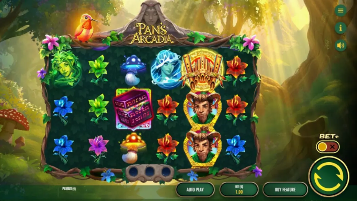 Tampilan visual slot Pan’s Arcadia dengan latar belakang hutan mitologi yang indah