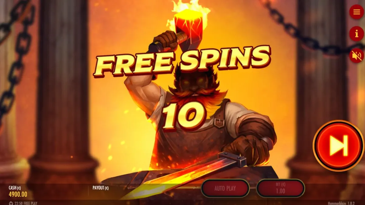 Visual dramatis dari grid slot Hammerblaze dengan latar belakang gunung berapi dan pandai besi.