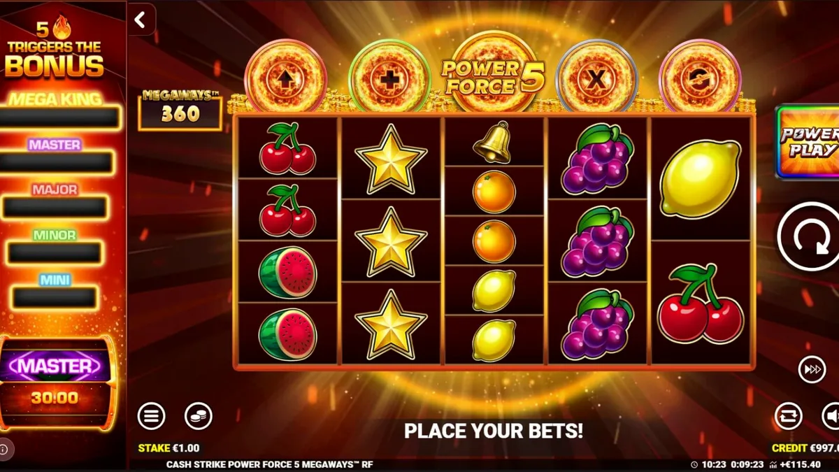 Tampilan visual slot Cash Strike Power Force 5 Megaways dengan simbol buah klasik dan elemen modern